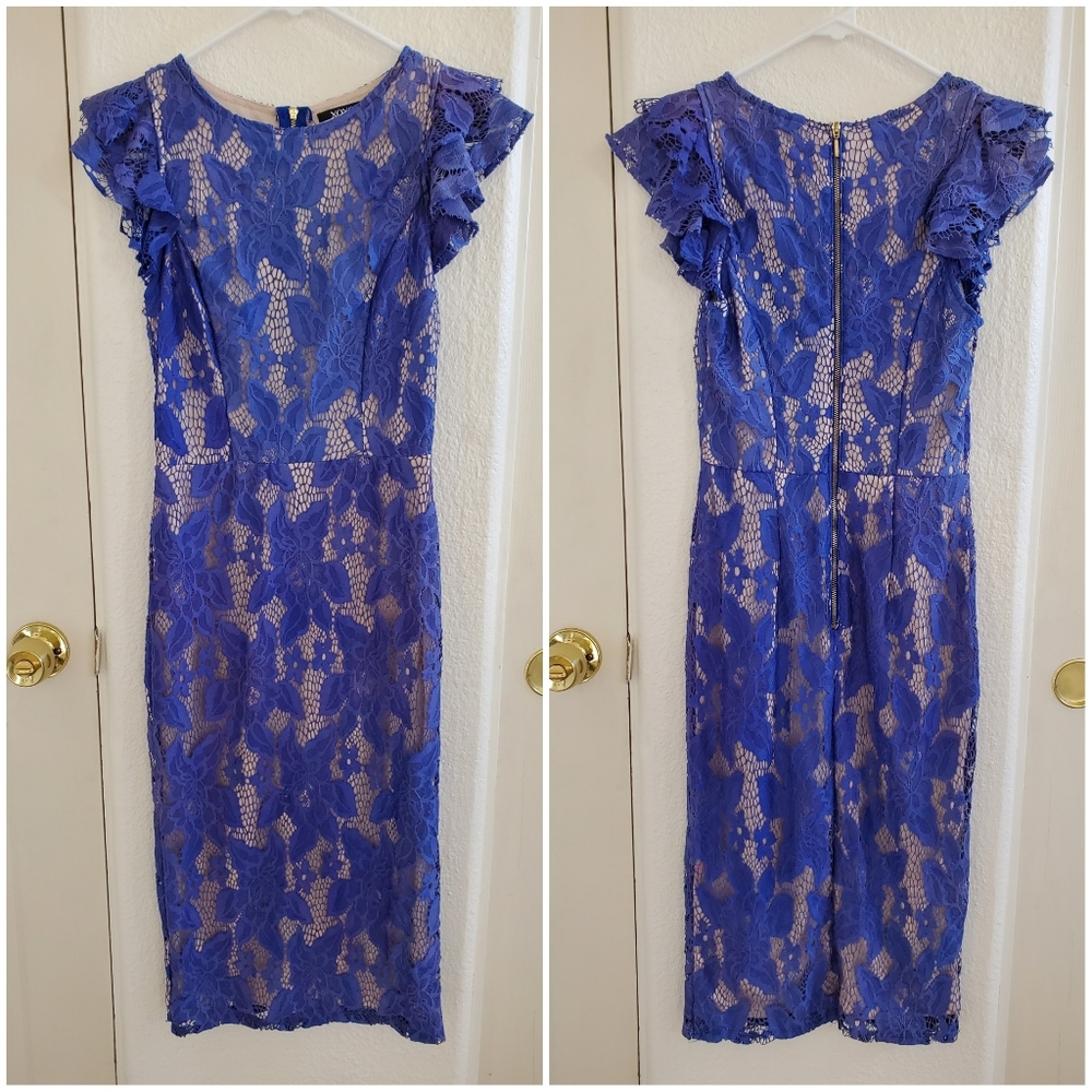 XOXO Blue Floral Crochet Midi Bodycon Dress